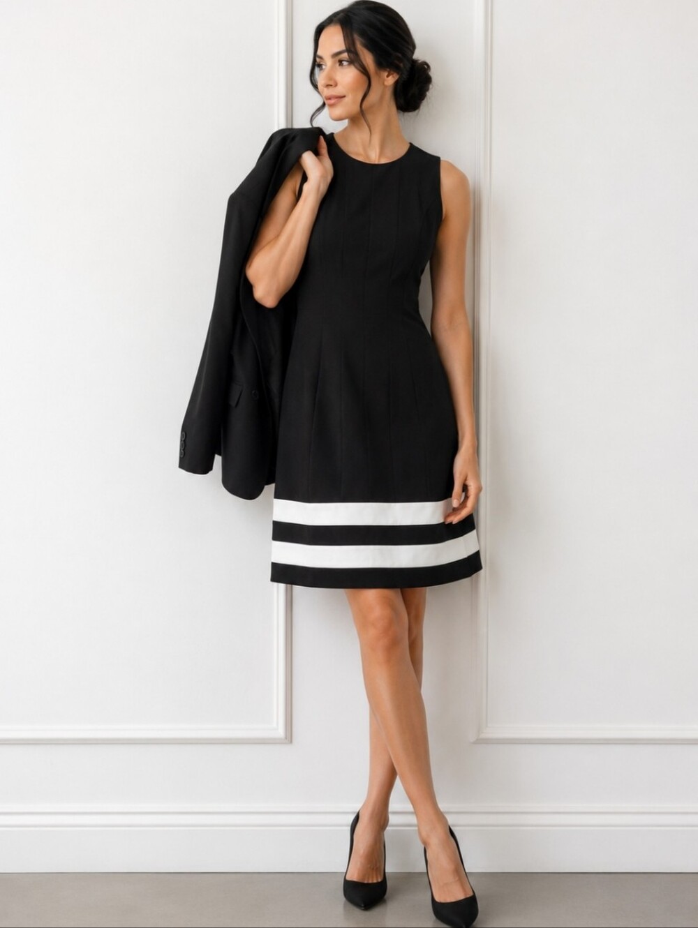 Tanjay | Black White Sheath  Dress Sleeveless Stretch Chic Office Workwear NWT